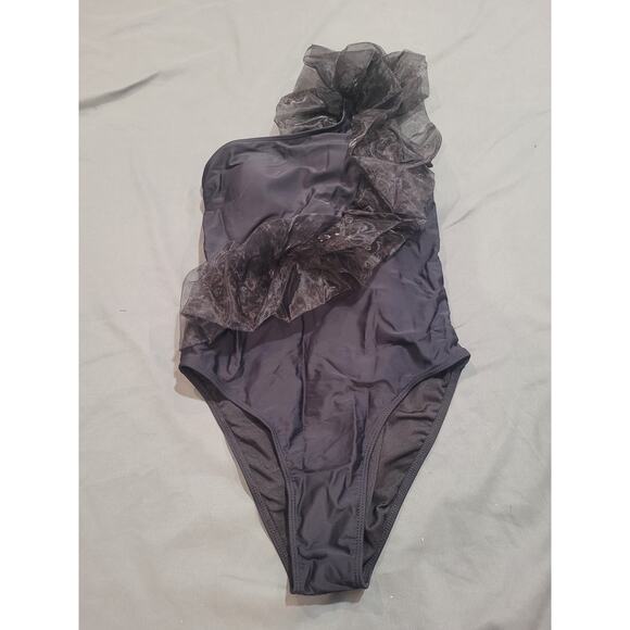 Black Ruffle 1 PC Tummy Control Swimsuit, Black, w/ Sheer Zebra Cover-Up, Small - Picture 5 of 10